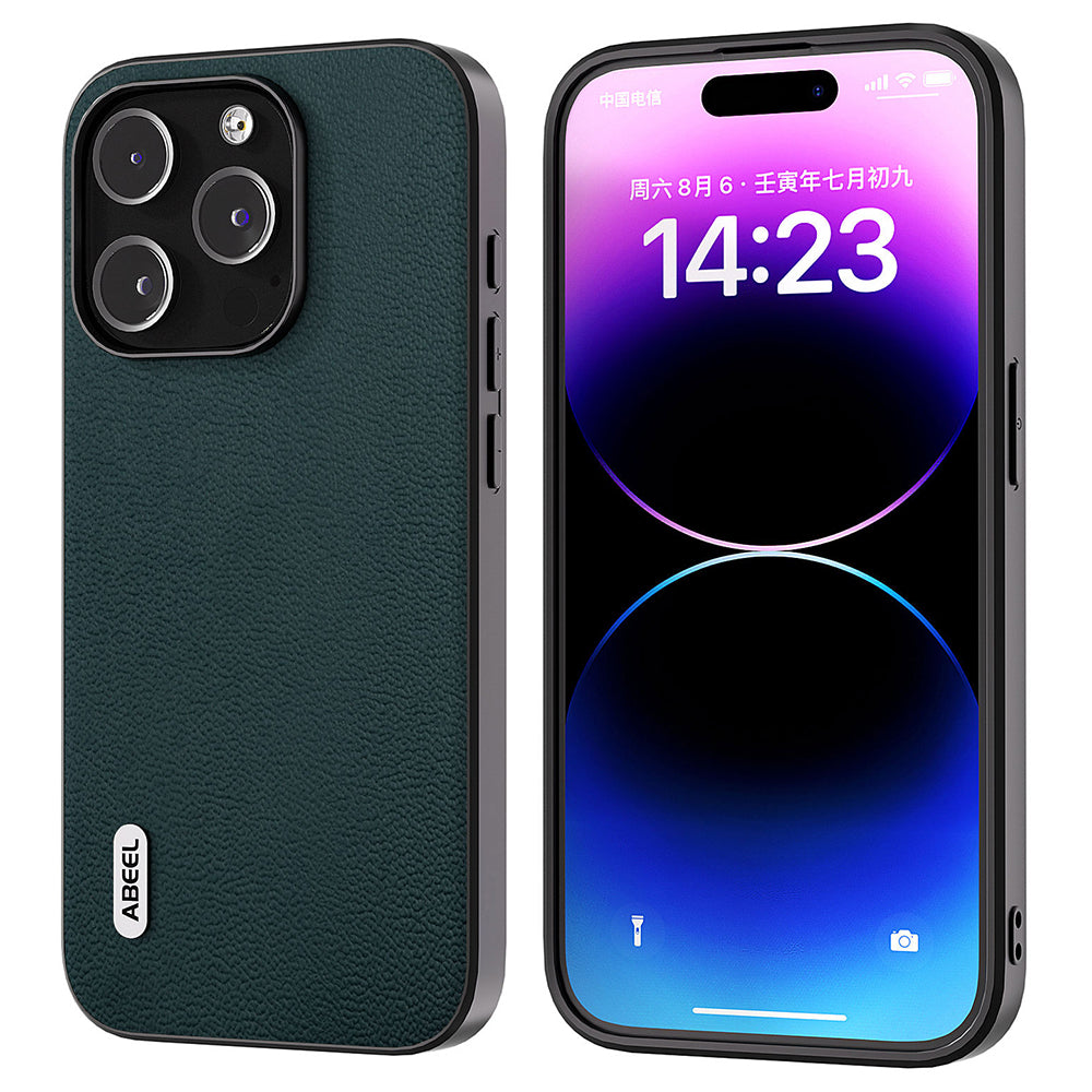 Ochranný kryt ABEEL pro iPhone 14 Pro Textura Litchi z pravé hovězí kůže PC TPU na telefon Ochranný kryt ABEEL pro iPhone 14 Pro Textura Litchi z pravé hovězí kůže PC TPU na telefon